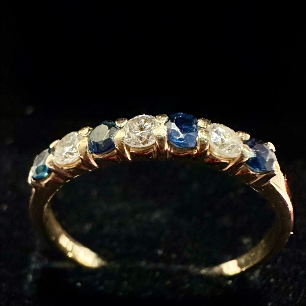 14k vintage solid gold band with diamonds & sapphires - Picture 3 of 10